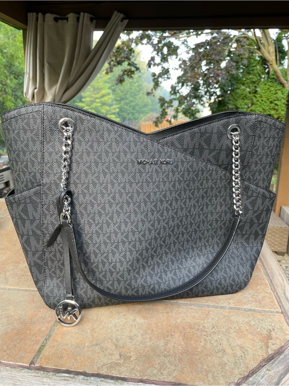 Michael Kors Gray/Black MK Logo Chain Tote